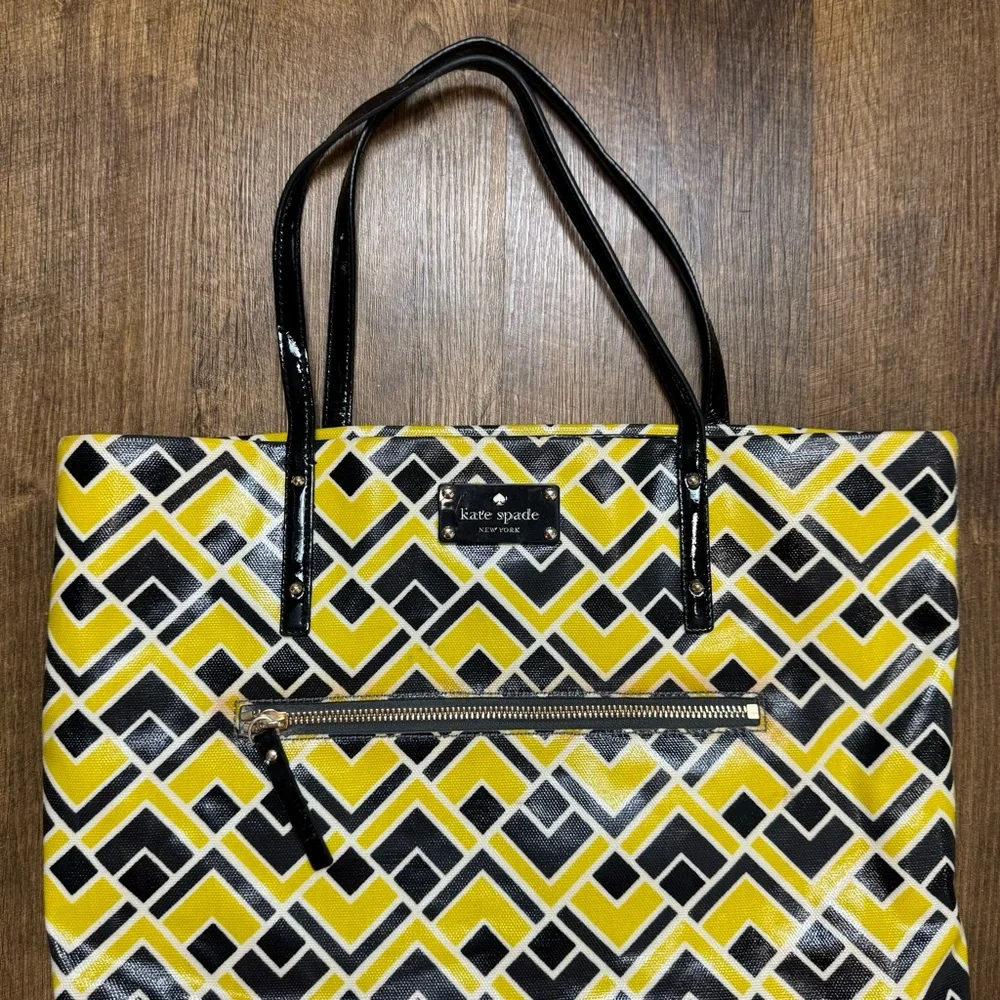 Kate Spade Bon Shopper Tote Flicker Fabric Yellow Black Print Shoulder Bag